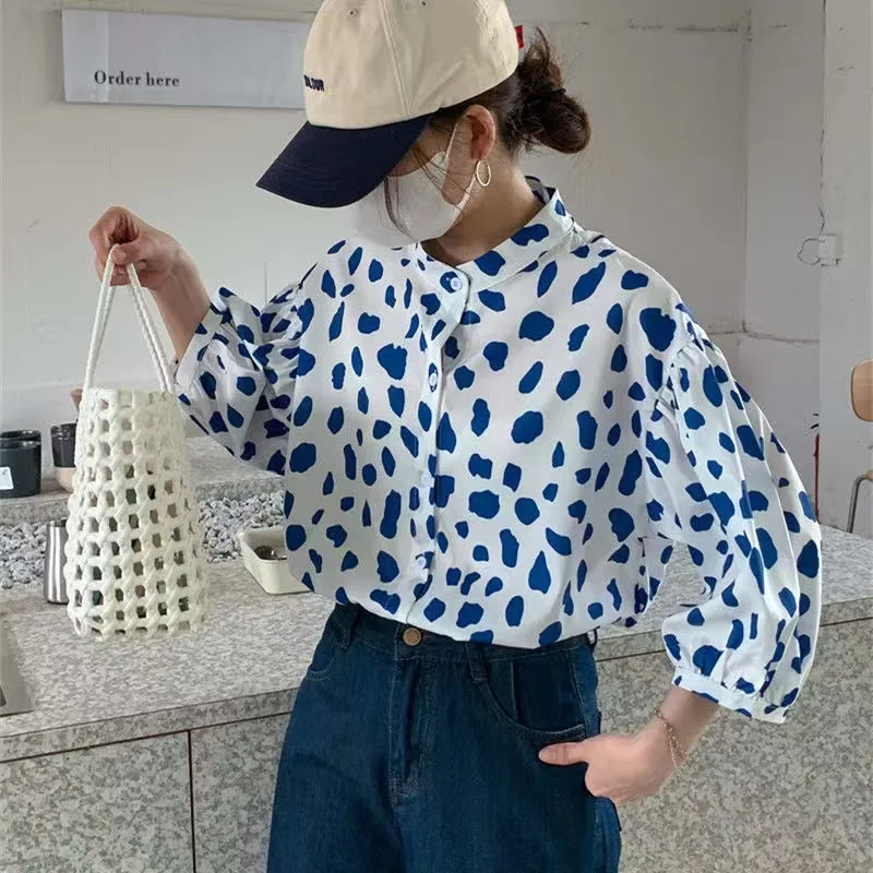 

Женская свободная рубашка с рукавами-фонариками, повседневная винтажная блузка в горошек из коровьей кожи на пуговицах, модель y2k в Корейском стиле на лето