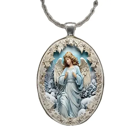 Трансграничный новый модный рельефный ангел овальный стеклянный кулон ожерелье аксессуары оптовая продажа с фабрики