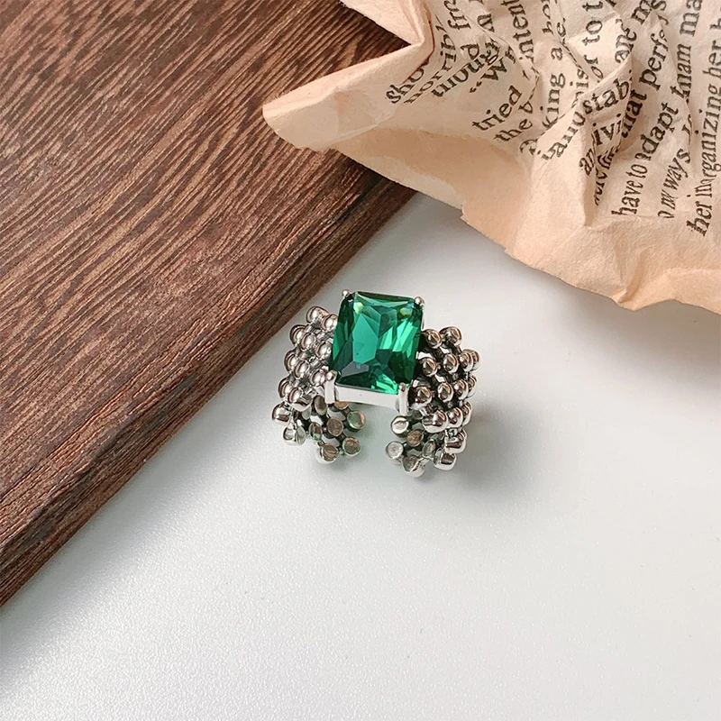 

KOFSAC Crystal Green Geometric Ring For Women Vintage Thai Silver Beads Net Rings Lady Trendy Accessories