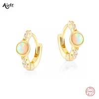 aide 925 sterling silver green opal white cz zircons pave setting huggie earrings for women versatile 9mm circle cartilage hoops