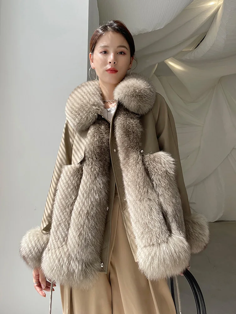Women Real Fur Coat Autumn Winter Casual Thicken Fox Fur Collar Patchwork Sheepskin Down Cotton Liner Fur Jacket Loose Outerwear