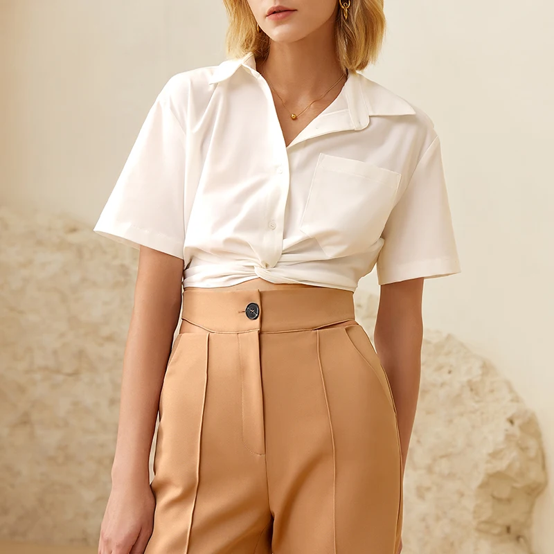 

New French Chic pleated white Lapel women's shirt short sleeve casual small crowd close waist thin inside with short shirt 2022