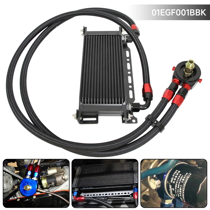 

16 Row 248mm AN10 7/8"-14 UNF Universal Engine Transmission Oil Coolerw/Bracket + Oil Filter Hose End Kit Blue/Black