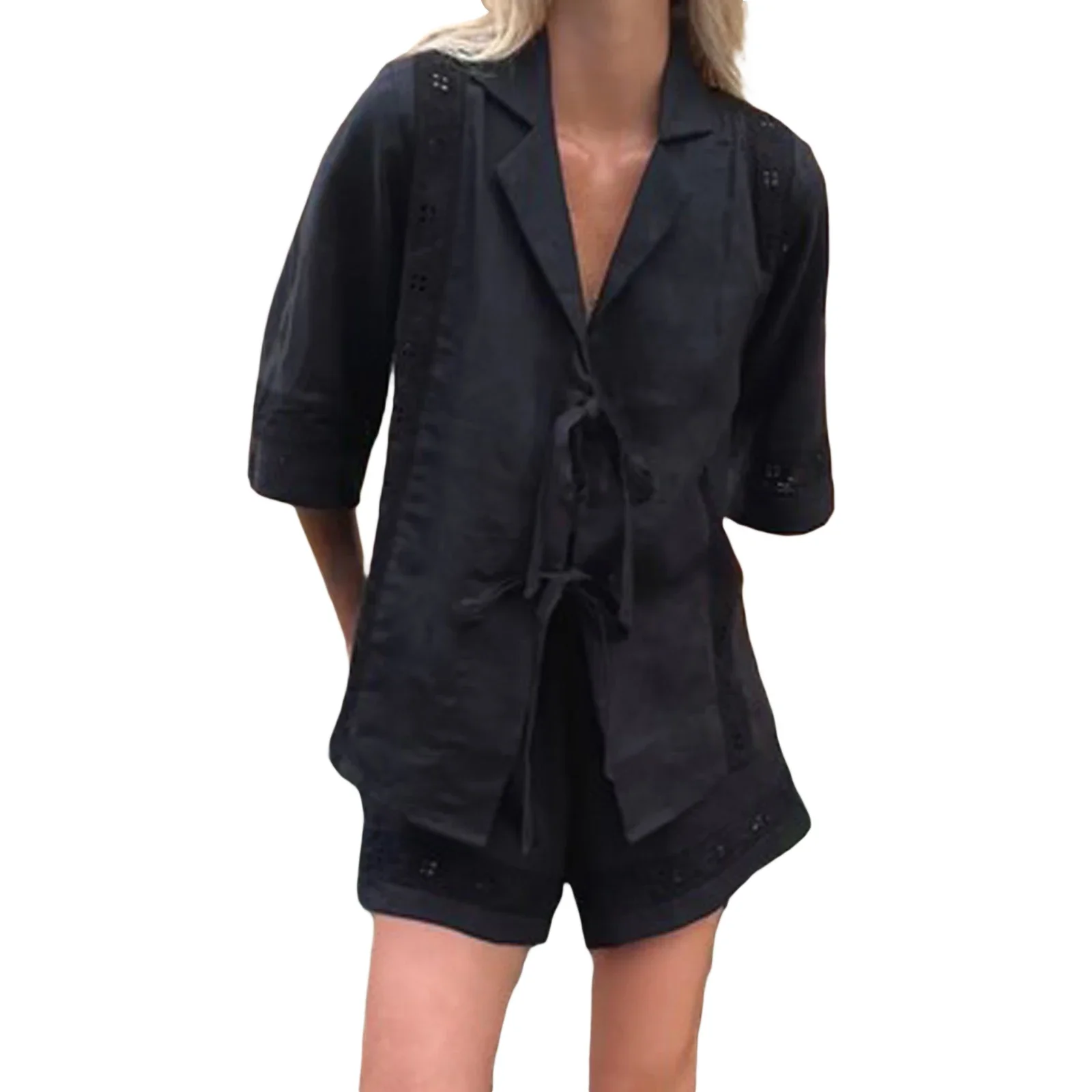 Женская повседневная рубашка из двух предметов с рукавами 3/4 завязанным узлом