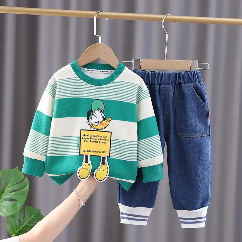 

Хлопковая Спортивная одежда для маленьких мальчиков на весну и осень, футболка с полосками, джинсы, 2 шт./компл., Детский Повседневный Спорти...