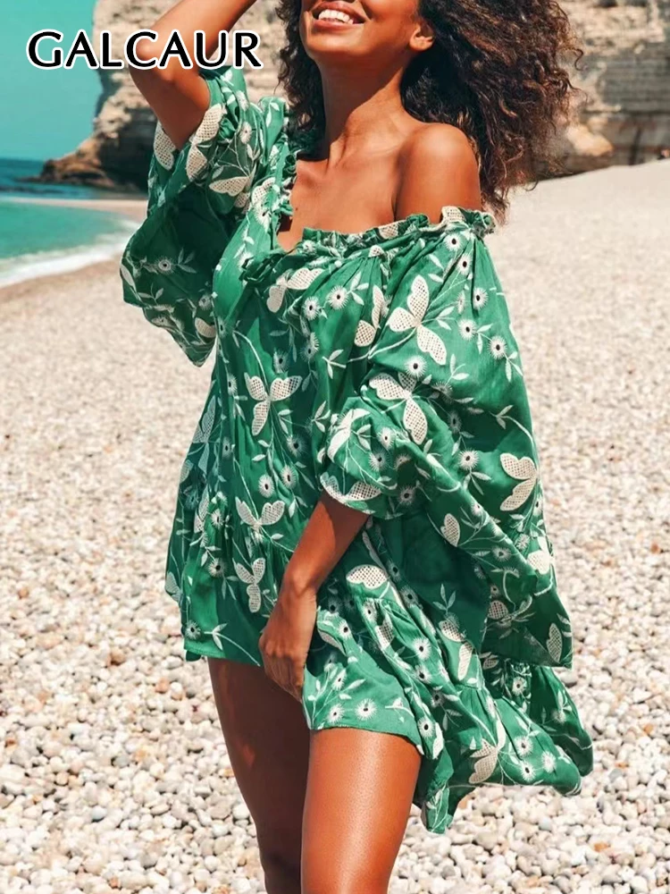 

GALCAUR Cut Cut Dress For Women Colorblock Bow Collar Lantern Sleeve A Line Casual Dresses Female 2022 Autumn Clothing New