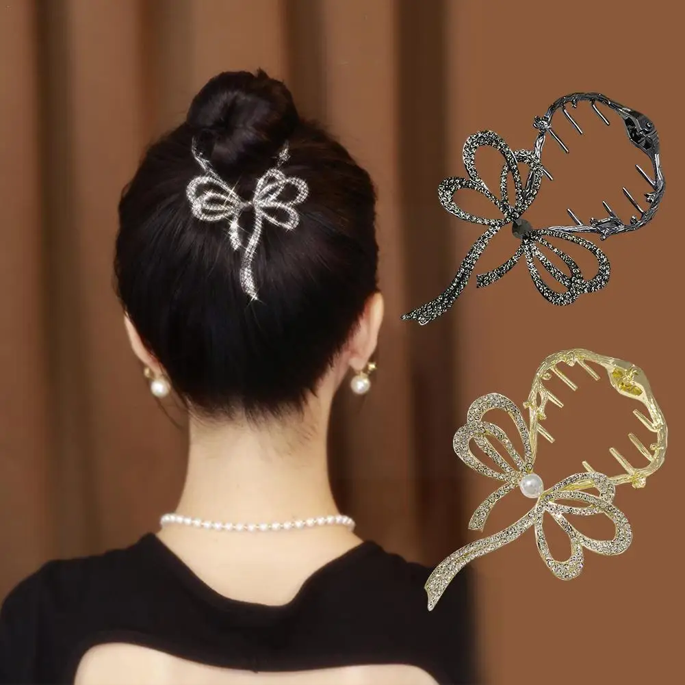 

Bow Light Luxury Hairpin Korean Rhinestone Bow Hair Ponytail Bun Hair Clip Women Barrettes Claws Holder Hairpins Crab Retro J6X3