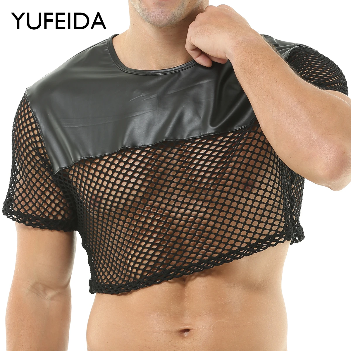 

YUFEIDA Men's Fashion Fishnet T Shirt See Through Mesh Patchwork Streetwear Crop Top Sexy Short Sleeve Breathable Man Clothing