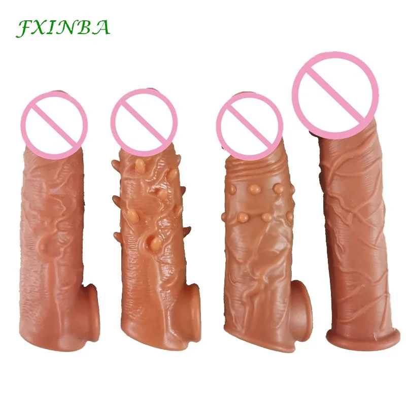 

FXINBA 16.5/18cm Realistic Penis Extender Cock Sleeve Penis Enlarger Enlargement Reusable Delay Condoms For Men Dildo Sex Toys