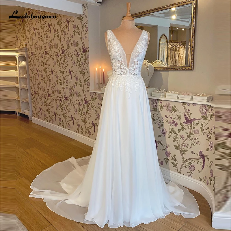 

Boho A-Line Wedding Dresses For Women Bride Gowns Sexy V-neck Sleeveless Backless Lace Up Lace Appliques Chiffon Sweep vestidos