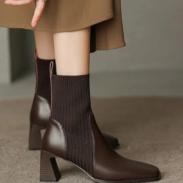 

New Spring Women's Leather Boots British Female Pointed Toe Boots Middle Heel Ladies Dress Shoes Vintage Womans Ankle Boot