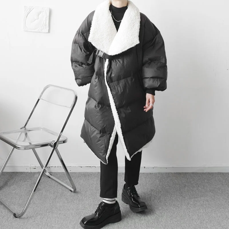 

Korean Menswear Fashion Long Faux Lamb Wool Cotton Jacket New Loose Big Lapel Bandage Thickened Winter Coat Tide