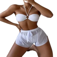 fs sexy women white high waist bikini set halter lace up round neck bathing suit solid color pleated swimsuit three pieces 2022