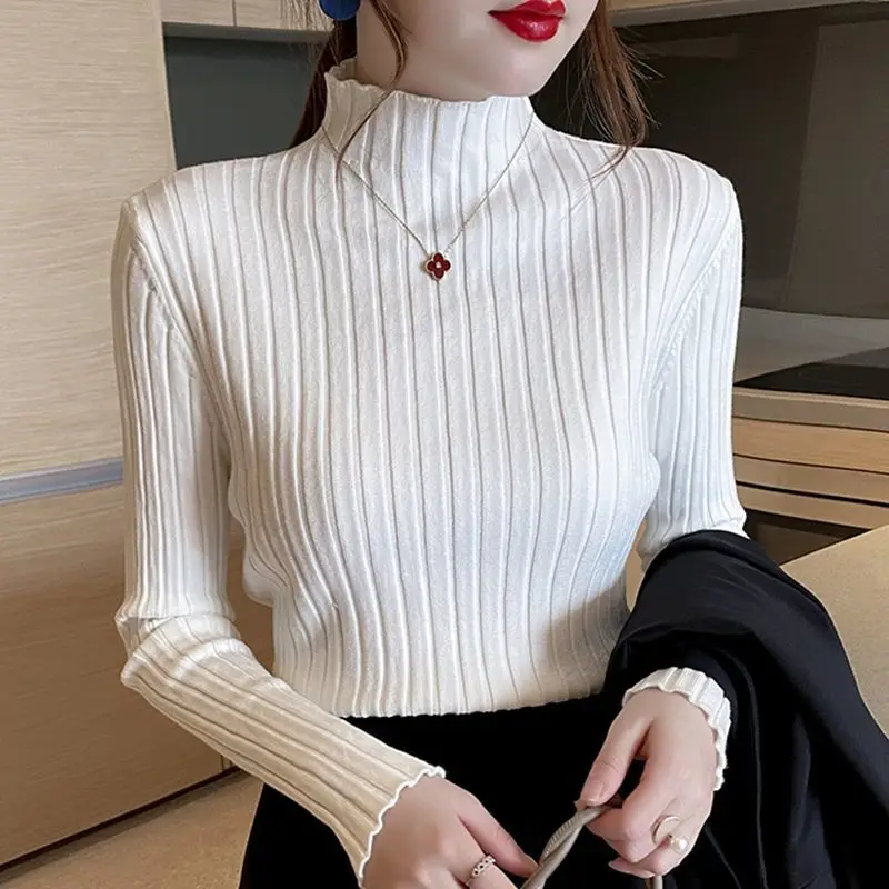 

Women Knit Base Shirt Half High Collar Solid Color Long-sleeve Pullover Screw Thread Elasticity Sweater Autumn Winter 2022 New