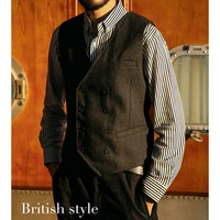 mens suit vest british retro gentleman tweed herringbone double breasted pony clip