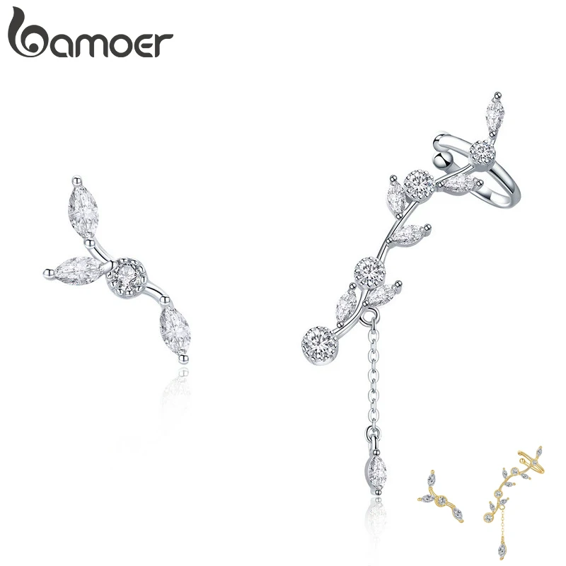 

BAMOER Genuine 925 Sterling Silver Plum Flower Branch Asymmetric Stud Earrings for Women Clear CZ Fine Jewelry 3 Colors SCE429