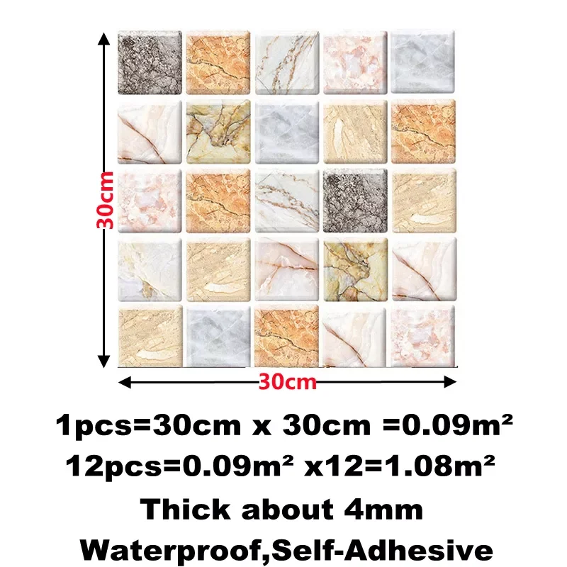 

12pcs 3D Mosaic Tile Wall Sticker Self-Adhesive Wall Stickers for Bathroom Kitchen Wall Refurbishment Wall paper Home Wall Decor