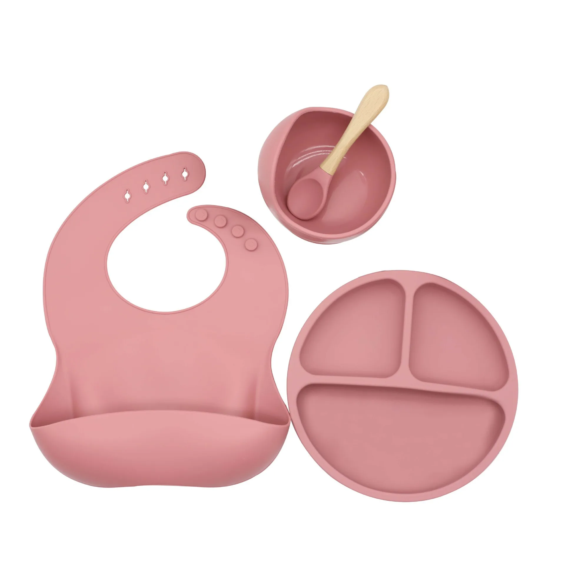 4 Pcs/Set Baby Silicone Tableware Dishes Set Waterproof Bib Solid Color Dinner Plate Sucker Bowl and Spoon for Children BPA Free