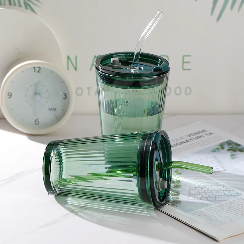 

450ml Nordic Glass Cup with Straw and Lid Dark Green Drinking Utensil Coffee Cup Wine Milk Beer Cola Juice Cold Drinkware Can