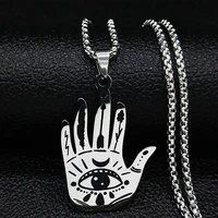 2022 witchcraft hamsa hand eyes moon necklace stainless steel women silver color chain necklaces jewerly collares largos n325s07