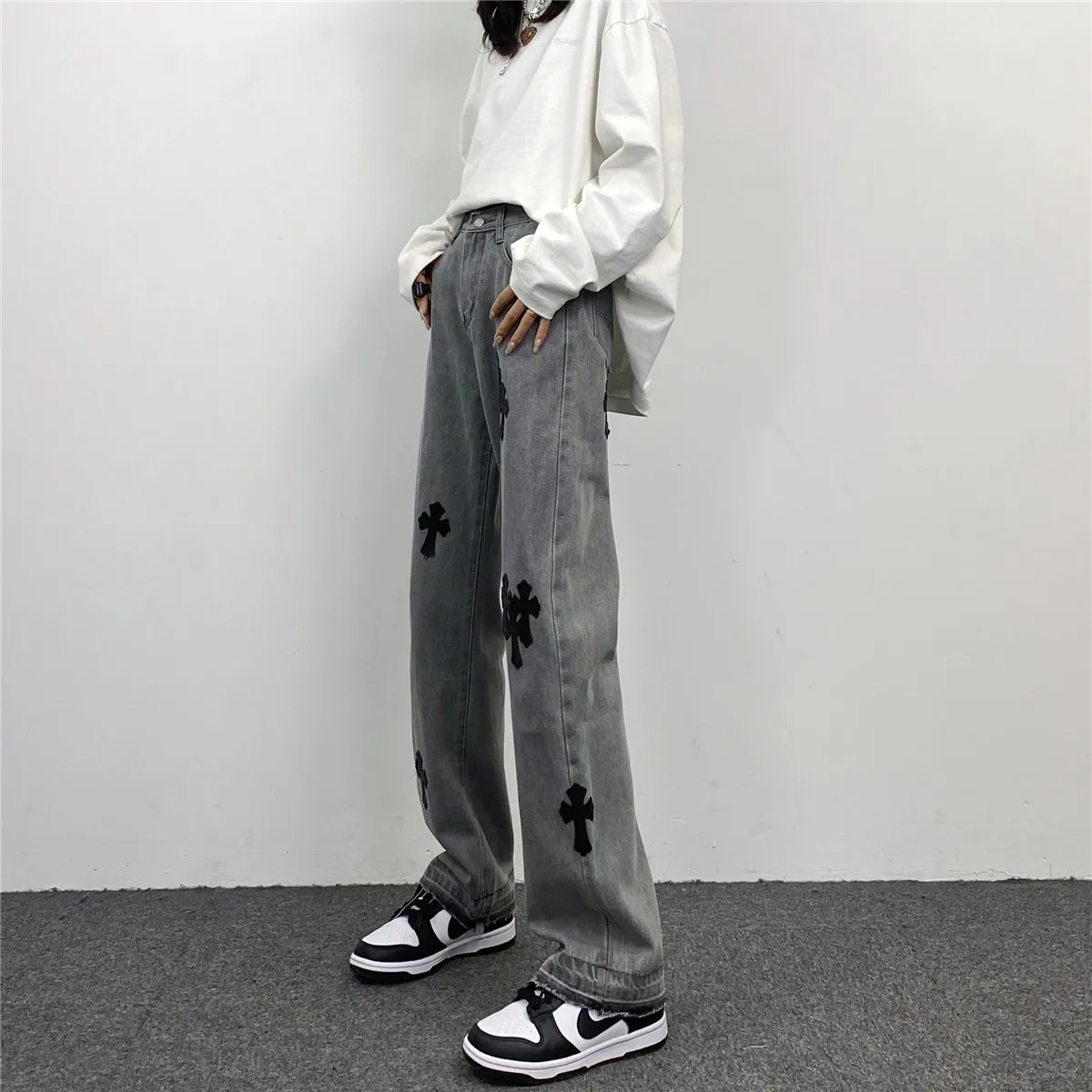 Men's Jeans Ins American Embroidered Label Cross Label Straight Loose Casual Jeans Men and Women Trousers Y2k Pants Ins Hot Sale