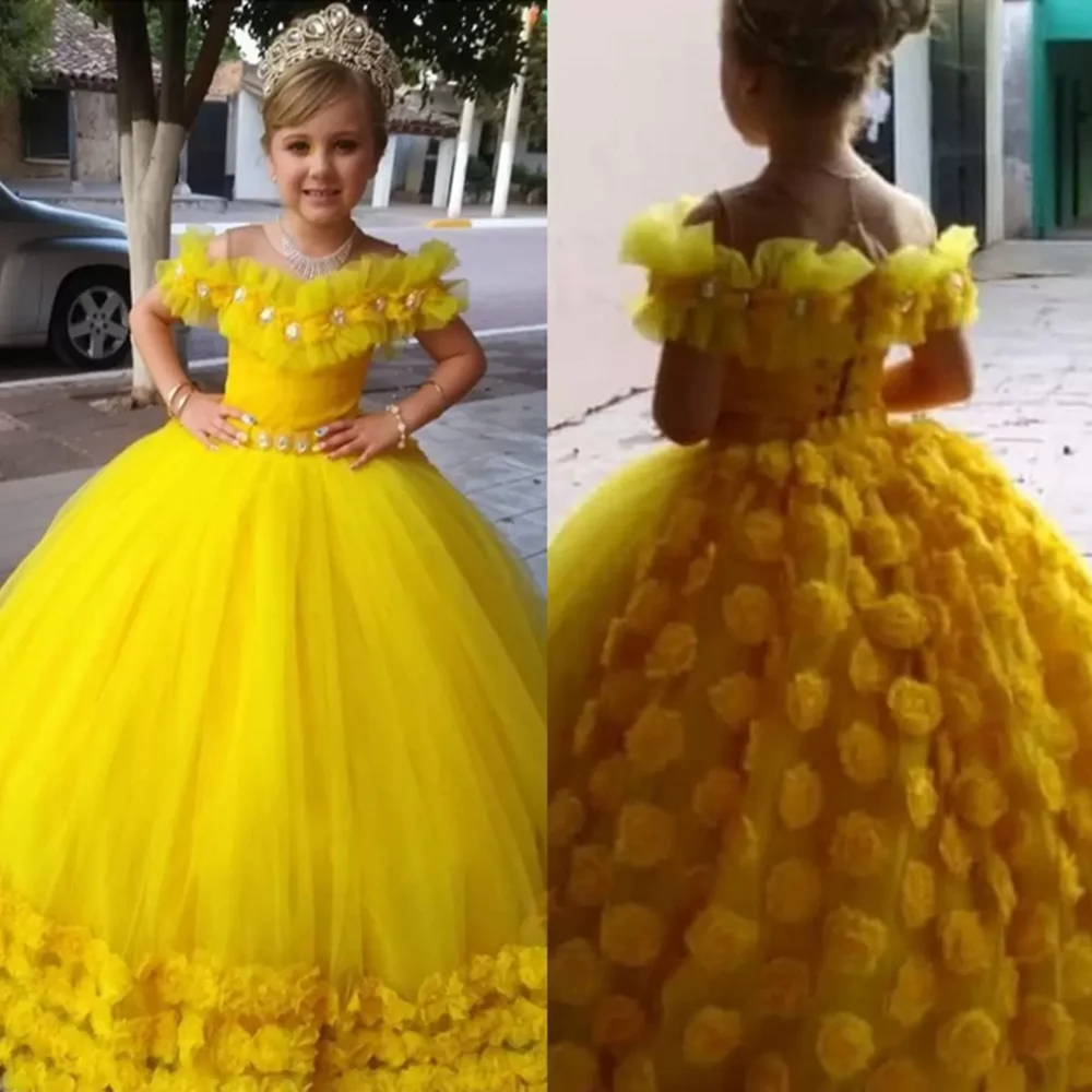 

Yellow 3D Flower Girls Dresses Jewel Neck Crystal Puffy Skirt Toddler Birthday Party Gown Little Girl Pageant Dress
