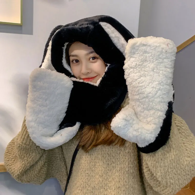 

3 In 1 Plush Scarf Hat Gloves Big Rabbit Ears Hooded Scarf Outdoor Fluffy Thick Pocket Hat Faux Rabbit Fur Cap Scarves Gloves