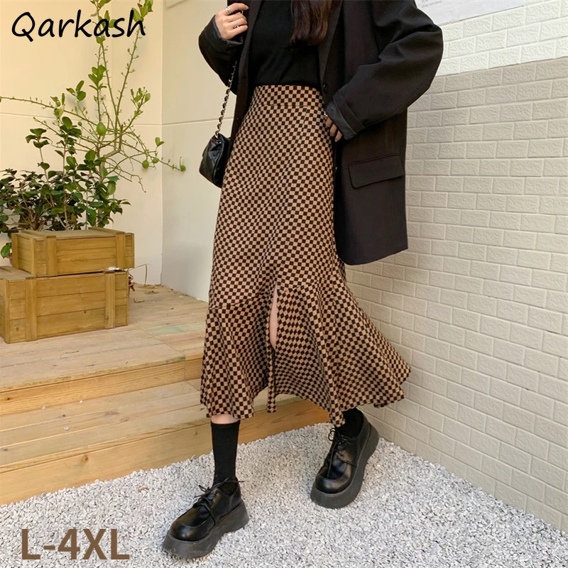

Plaid Skirts Women Spring Retro Ruffles Split Design Elegant Fashion Ladies L-4XL Clothing Harajuku Popular Ins Soft Faldas Fall