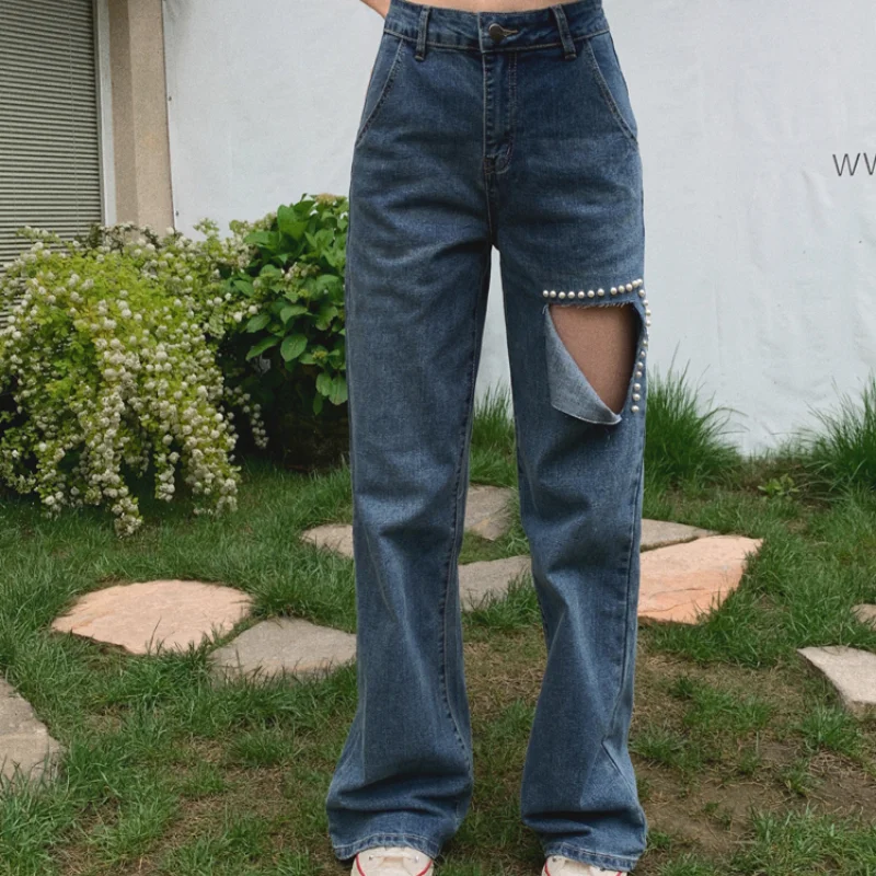 Women's Street Style Casual Wide-leg Denim Pants 2023 Fashion Beading Ripped Hole Jeans New High Waist Straight Denim Trousers