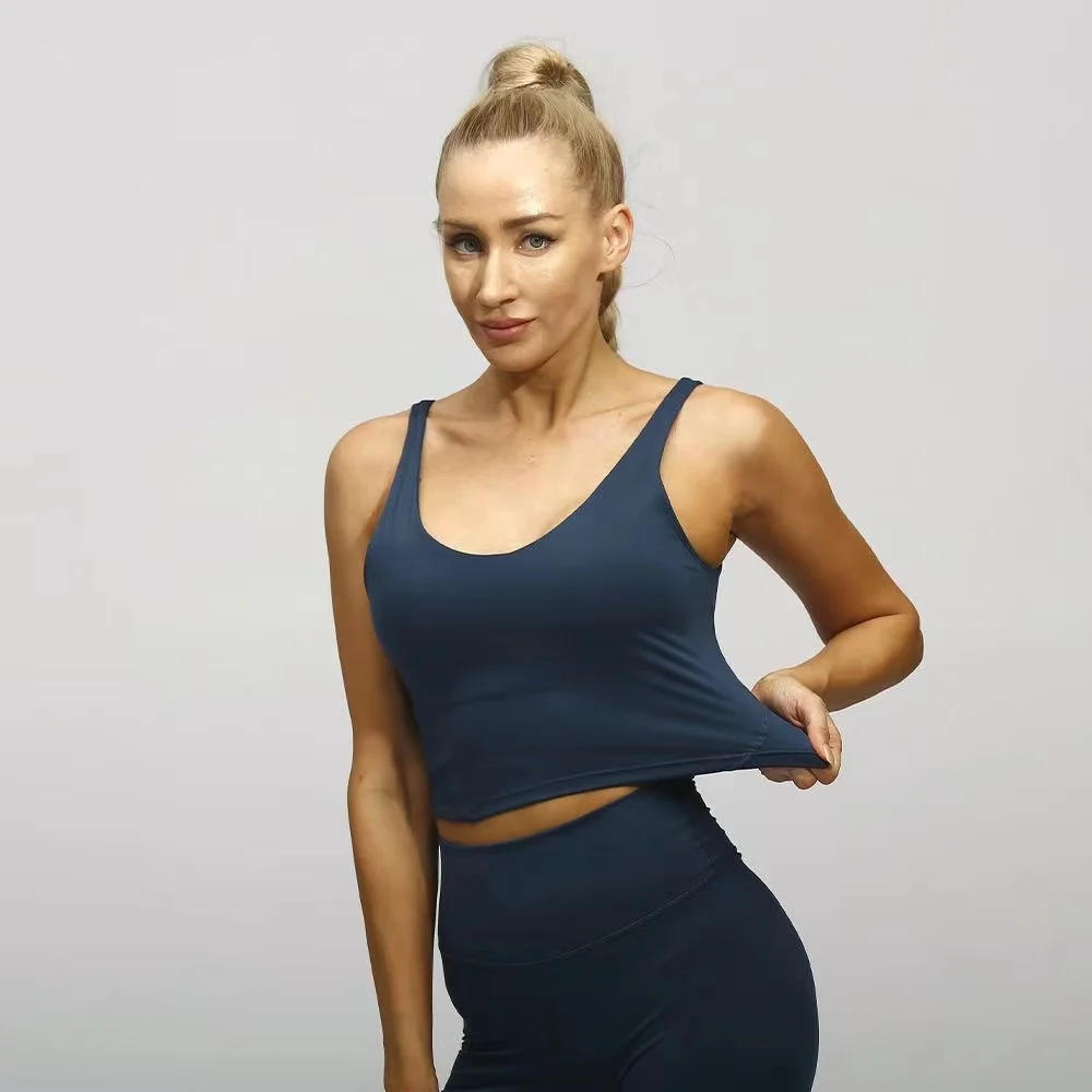 Lulu women Summer U-shaped No Steel Ring Built-in Chest Pad Sports Bra Short Solid Color Sleeveless Gym Yoga Fashion Tank Top