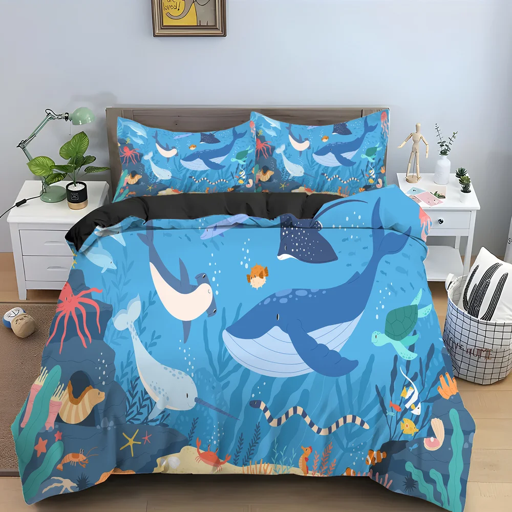 

Bule Dolphin Whale King Queen Duvet Cover Underwater World Bedding Set Cartoon Sea Animal Comforter Cover Polyester Quilt Cover