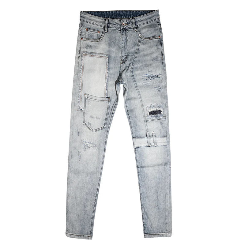 Fashion Streetwear Men Jeans Retro Light Gray Blue Stretch Slim Fit Vintage Ripped Jeans Men Patch Designer Hip Hop Pants Hombre