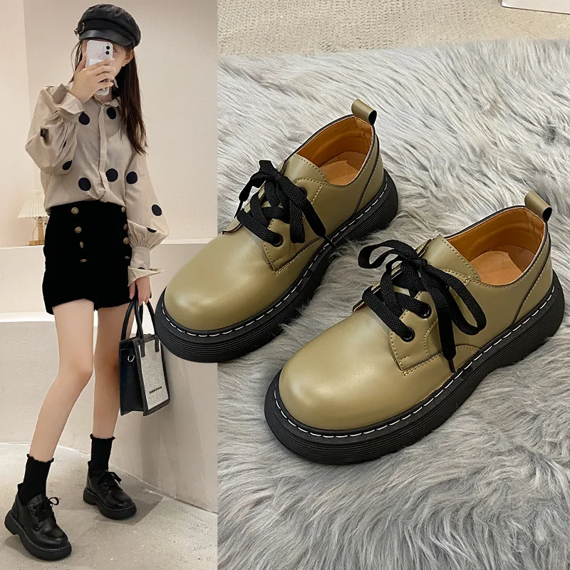 

Leather Shoes Women 2022 Spring Japanese Lace-up Platform Flats Casual Shoes Women Retro Leather Boots Zapatos De Mujer