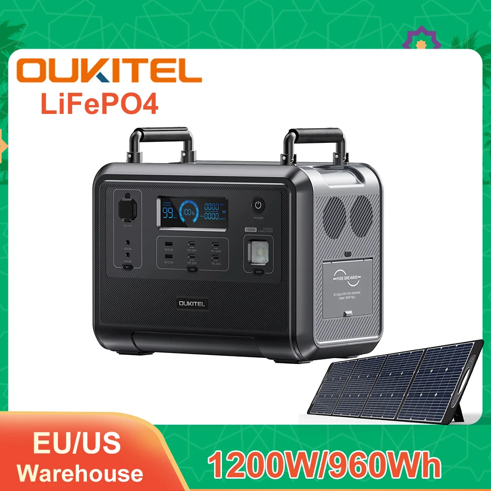 

OUKITEL P1201 1200W/960Wh LiFePO4 Solar Generator Outdoor Portable Power Station for Home Camping Emergency Battery Backup