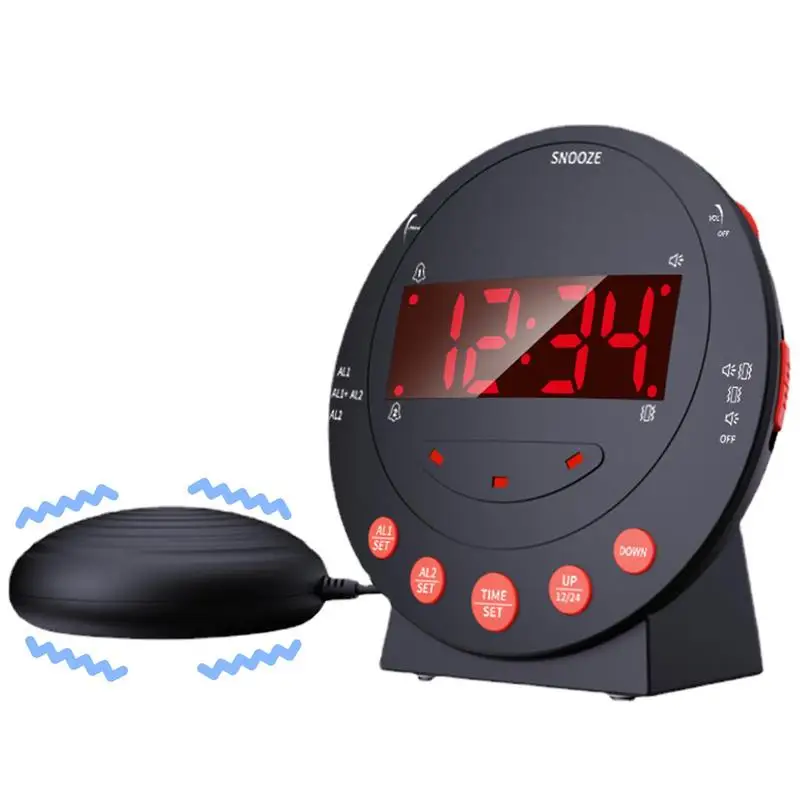 

Вибрирующий будильник, цифровой двойной будильник для спальни, функция повтора с двумя USB-портами, 0-100 диммер и громкость 0-дБ