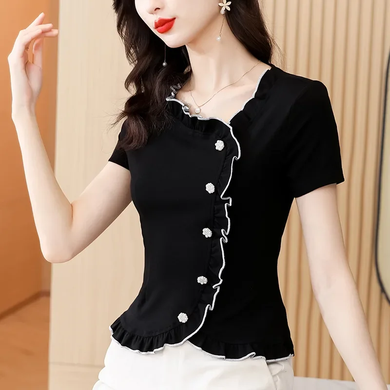 Лето 2023 новый дизайн чувственный топ с рюшами и талией женская футболка