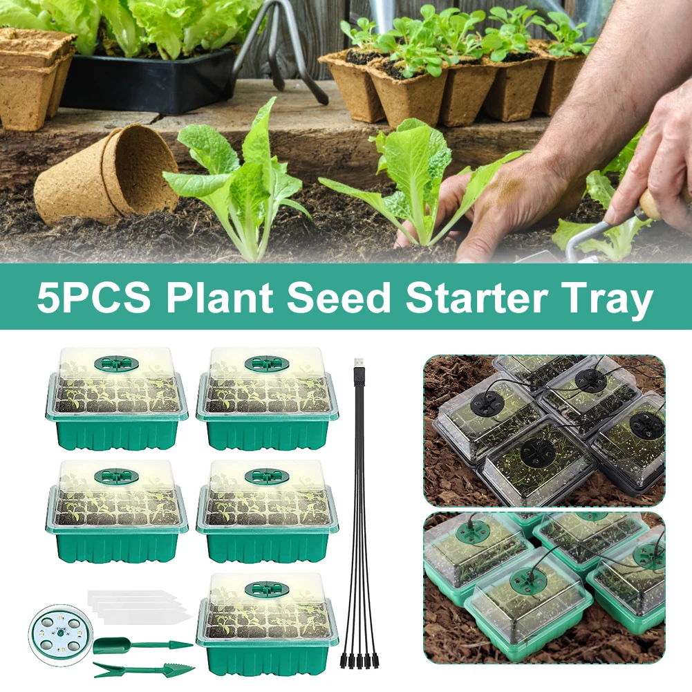 5PCS Plant Seed Starter Trays with Grow Lights Adjustable Humidity Indoor Gardening Plant Germination Trays 60 Cells Grow Box