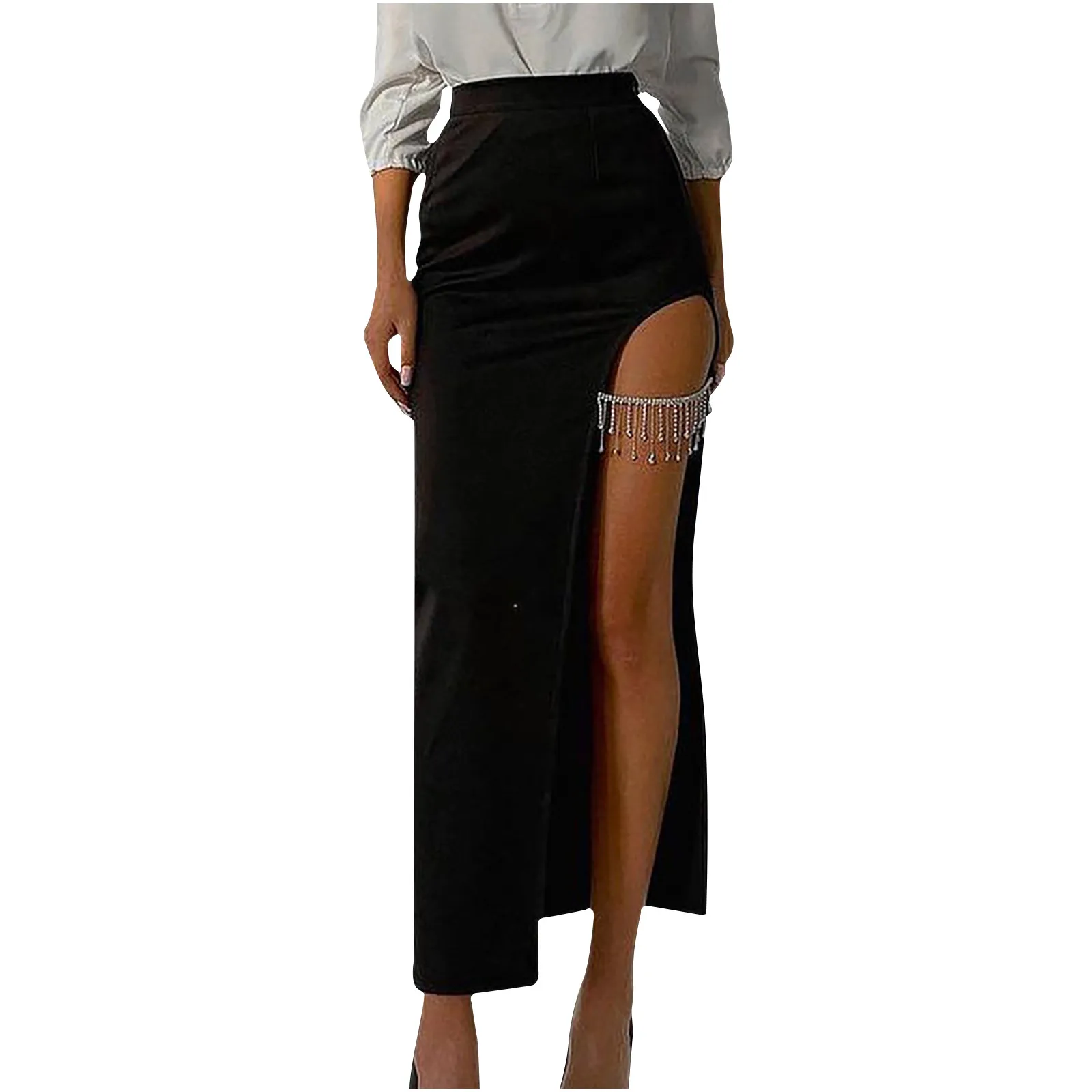 

Women's Slim Skirts Fashion Spring Temperament Office Solid Color Fringe Ladies High Split Waist Skirt Tassel Elegant