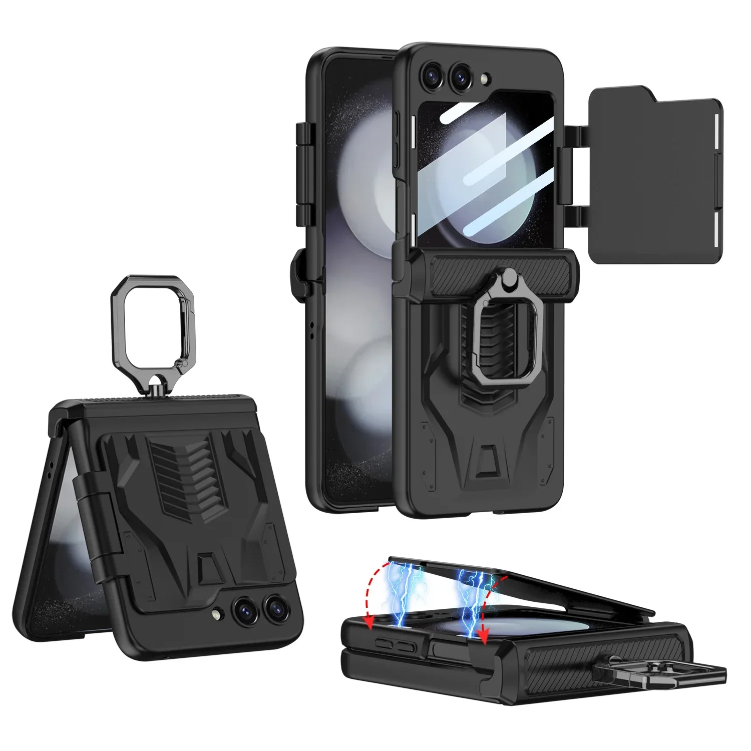 

For Samsung Galaxy Z Flip 5 Case Metal Ring Bracket Magnetic Hinge Lens Film All-inclusive Folding Protect Shockproof Hard Cover