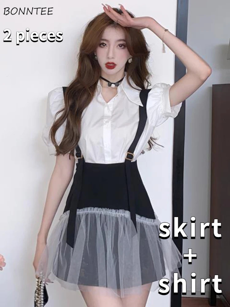 

Skirts Sets Women Lace Patchwork Leisure Daily All-match Empire Shirts Slim Simple Korean Style Students Chic Puff Sleeve Summer