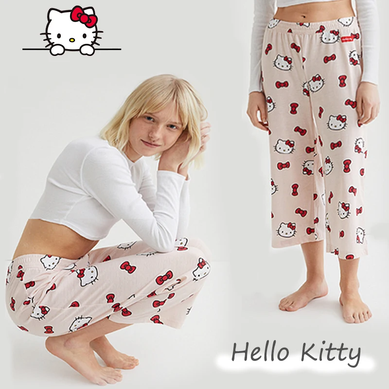 

Пижамные штаны Sanrio Kawaii Hello Kitty Мультяшные милые удобные домашние повседневные штаны студенческие свободные аниме капри брюки подарок для девочки