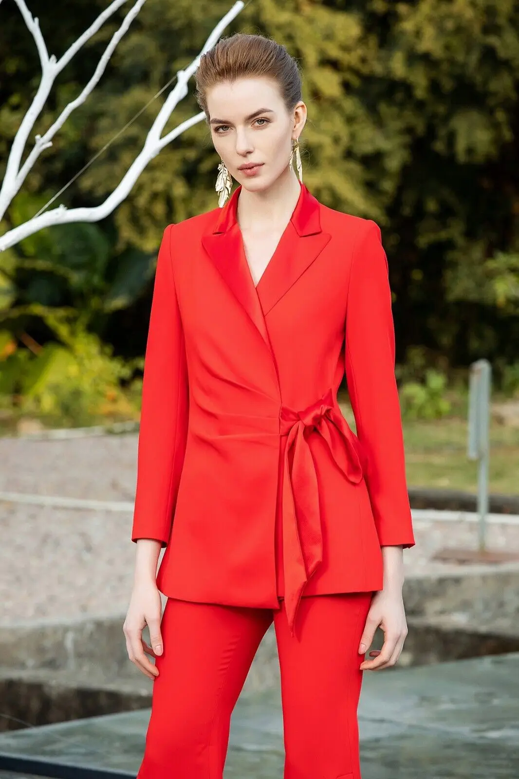 

New Fashion Women Blazer Sets 2 Pcs Slim Fitted Coat With Belt+Flared Pants Red Business Formal Lady Pantsuits Custom Made