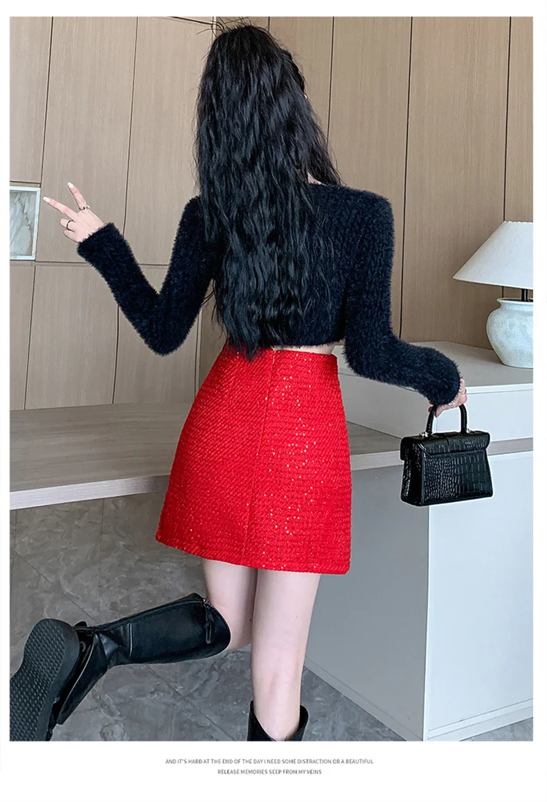 2024 блестящая шелковая шерстяная юбка для женщин осень и зима тонкие короткие