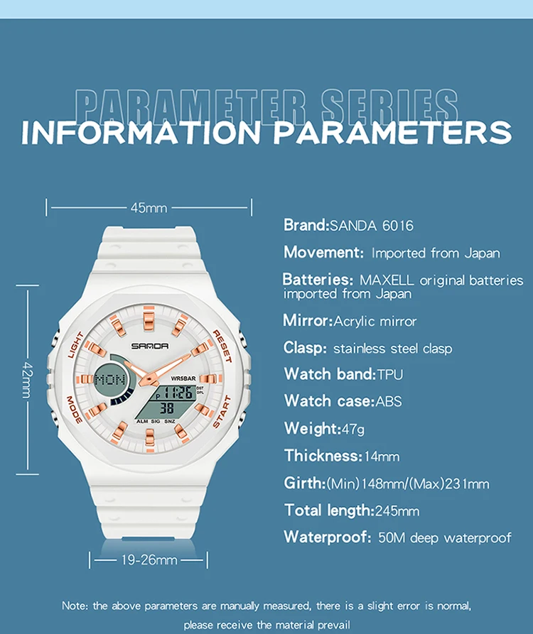 SANDA Mens Watches 2023 New Sports Watch Chronograph Luminous HD LED Dual Display Watch 50M Waterproof Relogio Masculino 6016