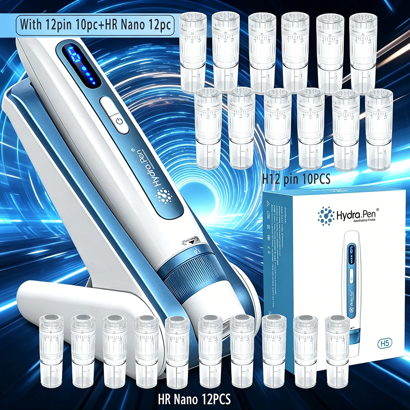 Фото Подарочный набор лучших устройств серии Hydra Pen H5: H5 с H12pin12PCS + HR Nano10PCS, аппарат для микронидлинга, длина игл 0,25 мм. №1