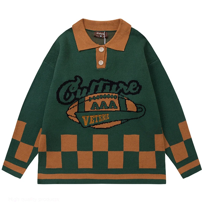 

Модная уличная одежда для мужчин и женщин в стиле оверсайз, вязаные свитера в стиле ретро с шахматной строчкой, осень 2023, повседневные мужск...