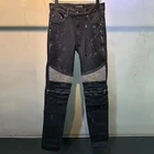 Рваные джинсы в стиле пэчворк, Брендовые брюки для мужчин, мотоциклетные брюки, черные джинсы, рваные джинсы для мужчин