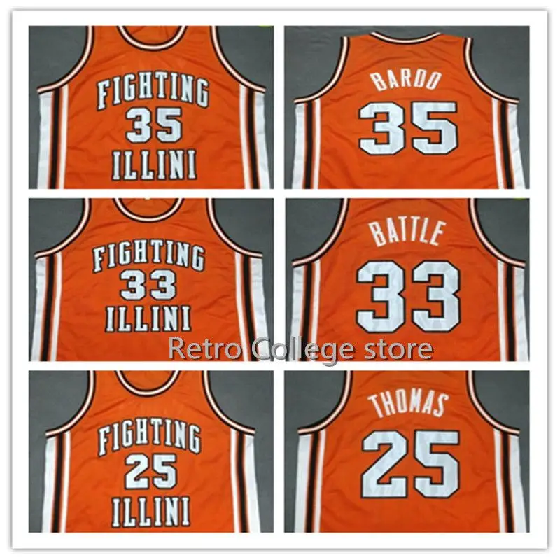 

35 STEPHEN BARDO 25 DEON THOMAS 33 KENNY BATTLE Fighting Illinois College Orange Basketball Jerseys