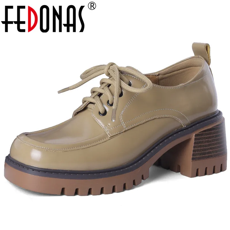 FEDONAS Spring Autumn Women Pumps Lace-Up Platforms Thick Heels Genuine Leather Working Casual Shoes Woman Retro Style Classic