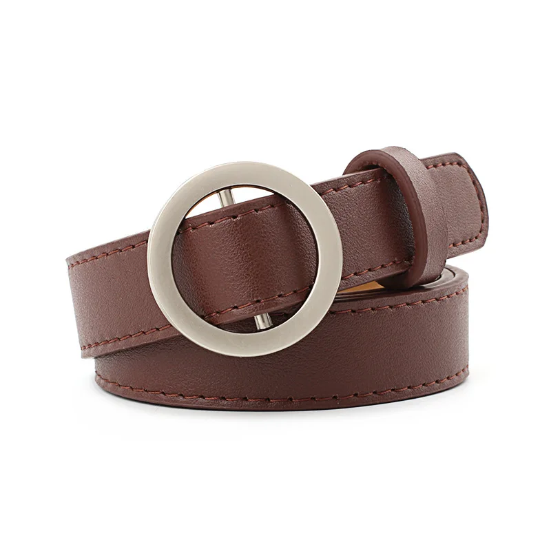 Women Simple Jeans Belt Casual Fashion PU Leather Round Buckle No-hole Decorative Students Waist Belts